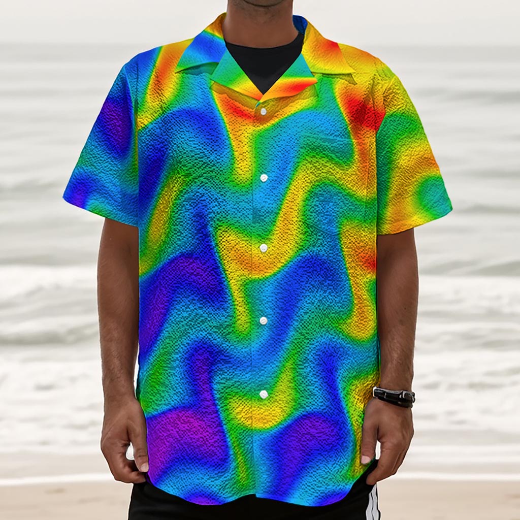 Rainbow Psychedelic Trippy Print Textured Short Sleeve Shirt