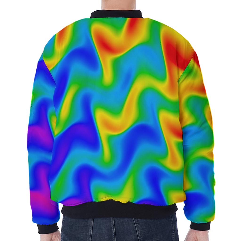 Rainbow Psychedelic Trippy Print Zip Sleeve Bomber Jacket