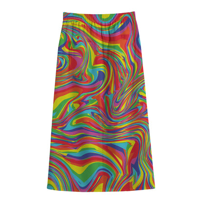 Rainbow Rave Print Cotton Front Slit Maxi Skirt