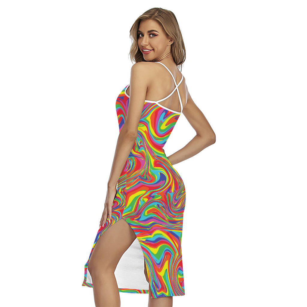 Rainbow Rave Print Cross Back Cami Dress
