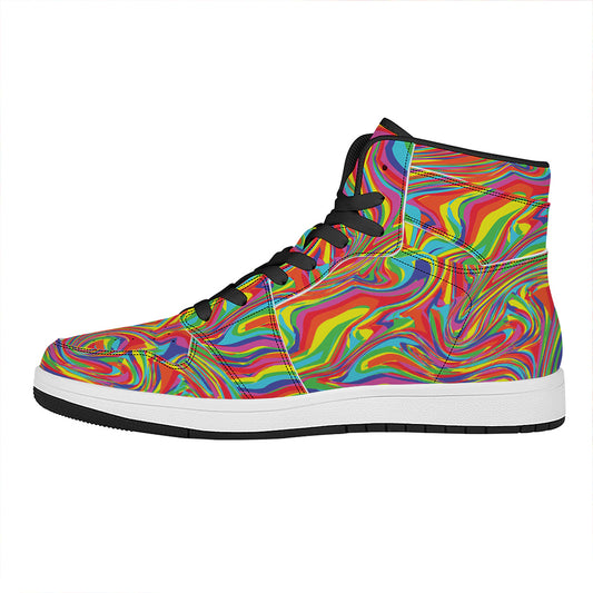 Rainbow Rave Print High Top Leather Sneakers