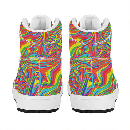 Rainbow Rave Print High Top Leather Sneakers