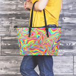 Rainbow Rave Print Leather Tote Bag