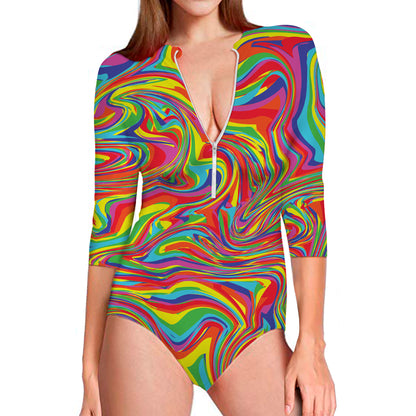 Rainbow Rave Print Long Sleeve Swimsuit