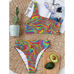 Rainbow Rave Print One Shoulder Bikini Top