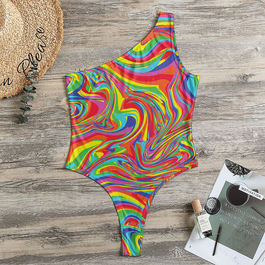 Rainbow Rave Print One Shoulder Bodysuit