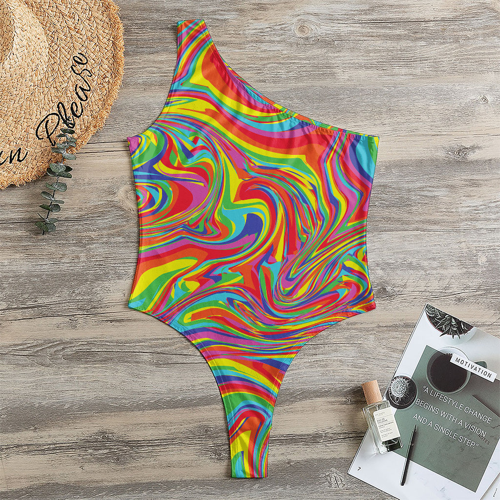 Rainbow Rave Print One Shoulder Bodysuit