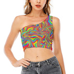 Rainbow Rave Print One Shoulder Crop Top