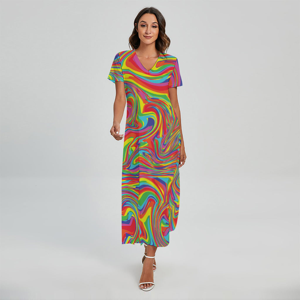 Rainbow Rave Print Short Sleeve Maxi Dress