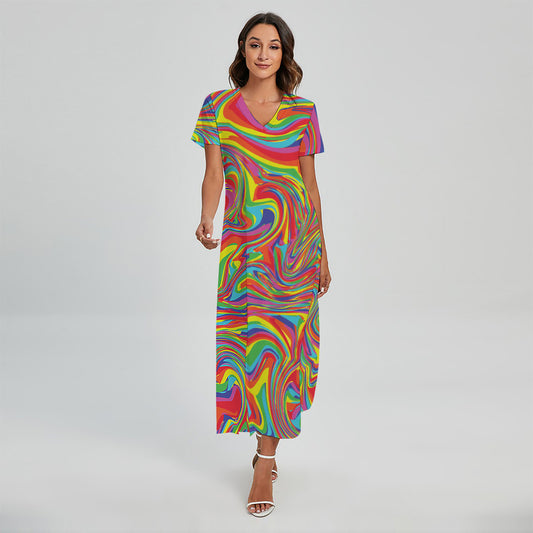 Rainbow Rave Print Short Sleeve Maxi Dress