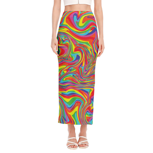 Rainbow Rave Print Side Slit Maxi Skirt