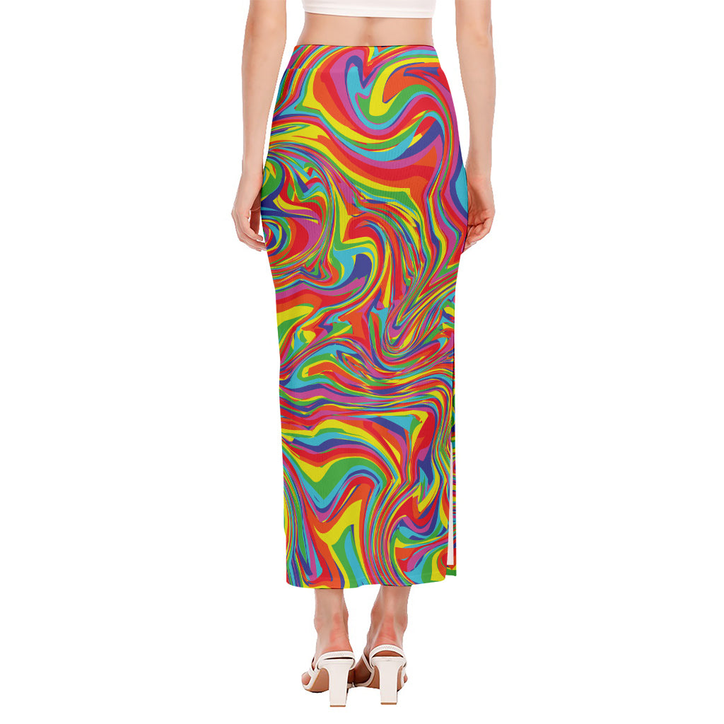 Rainbow Rave Print Side Slit Maxi Skirt