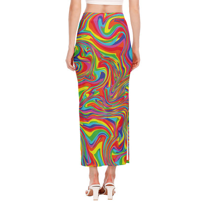 Rainbow Rave Print Side Slit Maxi Skirt