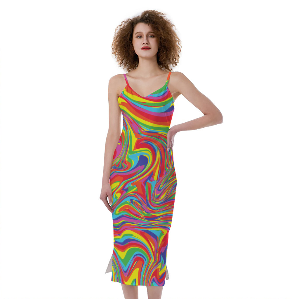 Rainbow Rave Print Slim Fit Midi Cami Dress