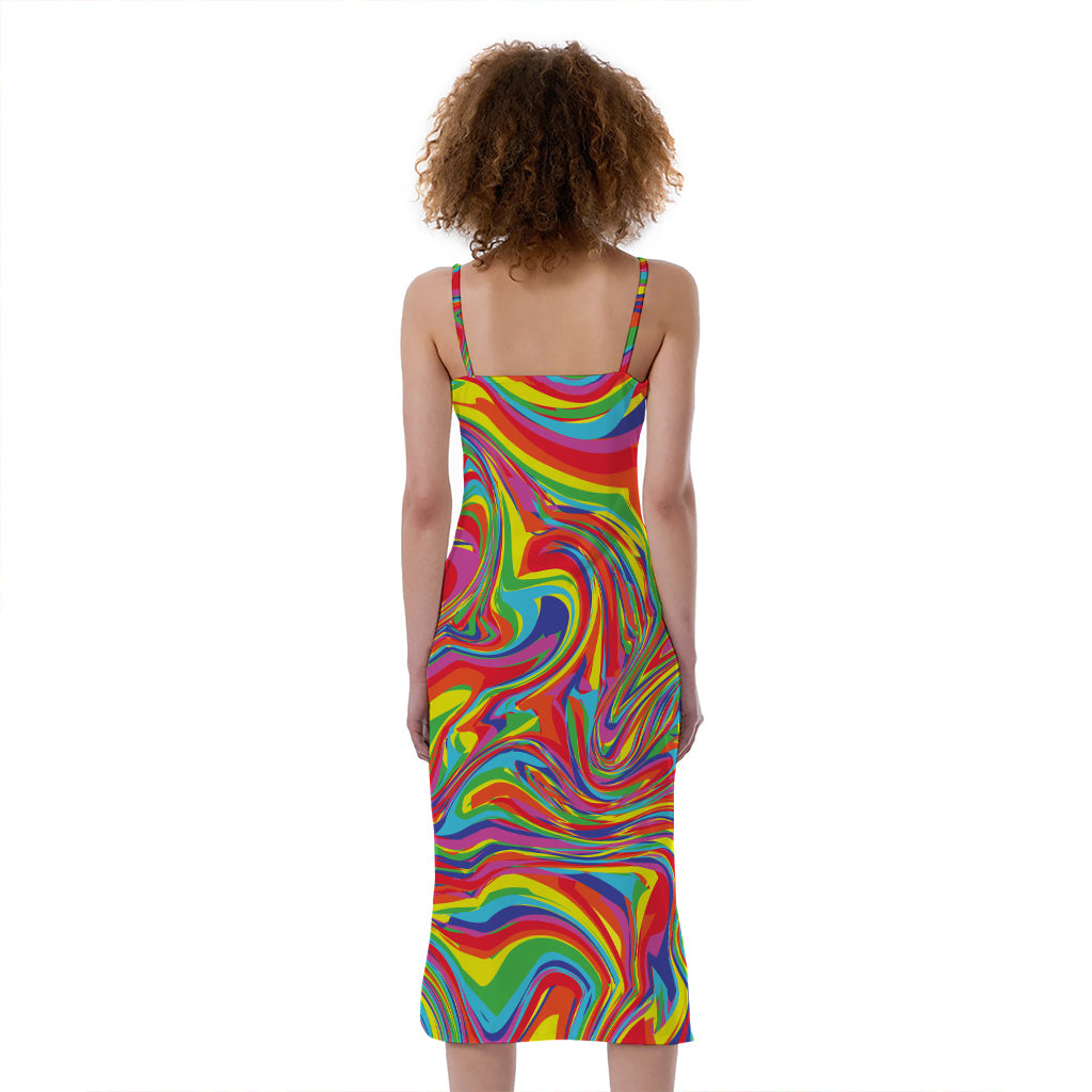 Rainbow Rave Print Slim Fit Midi Cami Dress