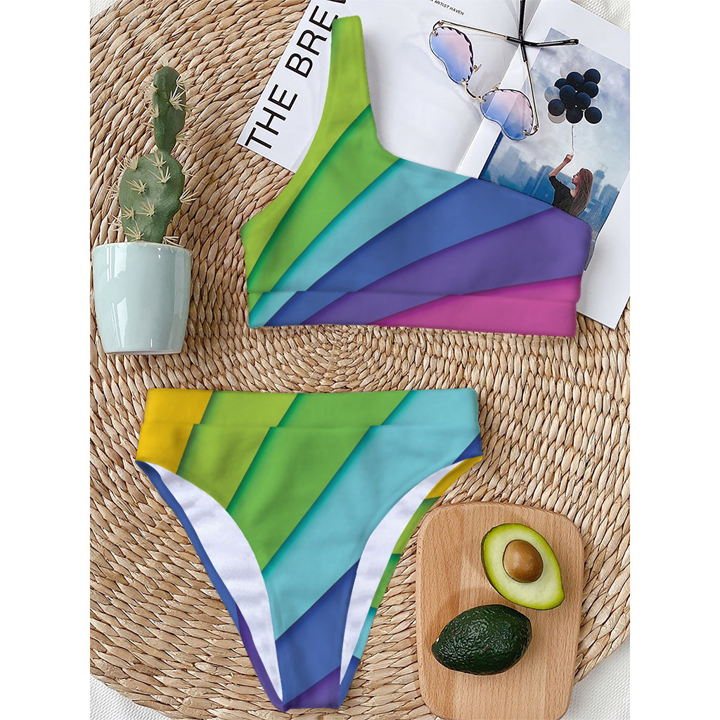 Rainbow Shades Print One Shoulder Bikini Top