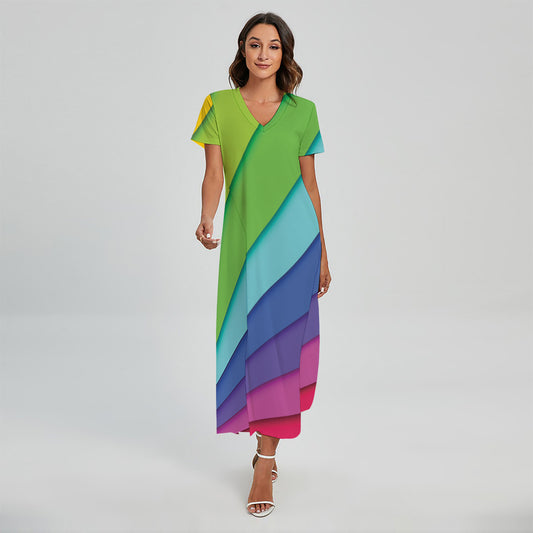 Rainbow Shades Print Short Sleeve Maxi Dress