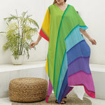 Rainbow Shades Print Silk V-Neck Kaftan Dress