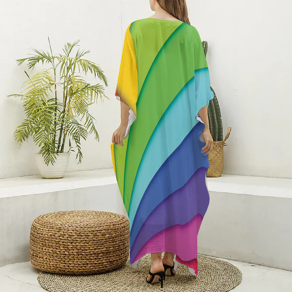 Rainbow Shades Print Silk V-Neck Kaftan Dress