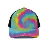 Rainbow Spiral Tie Dye Print Black Mesh Trucker Cap