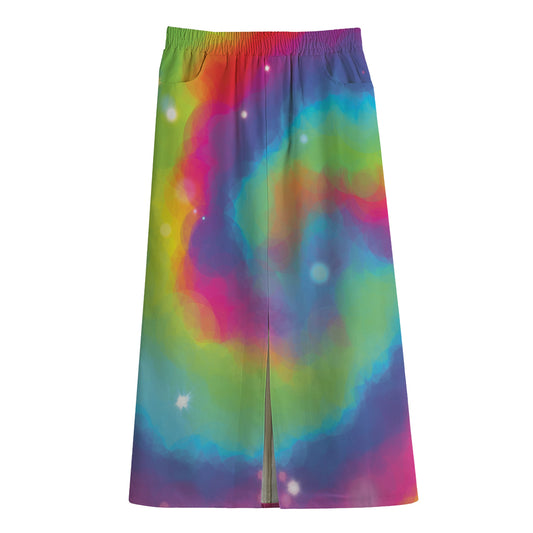Rainbow Spiral Tie Dye Print Cotton Front Slit Maxi Skirt