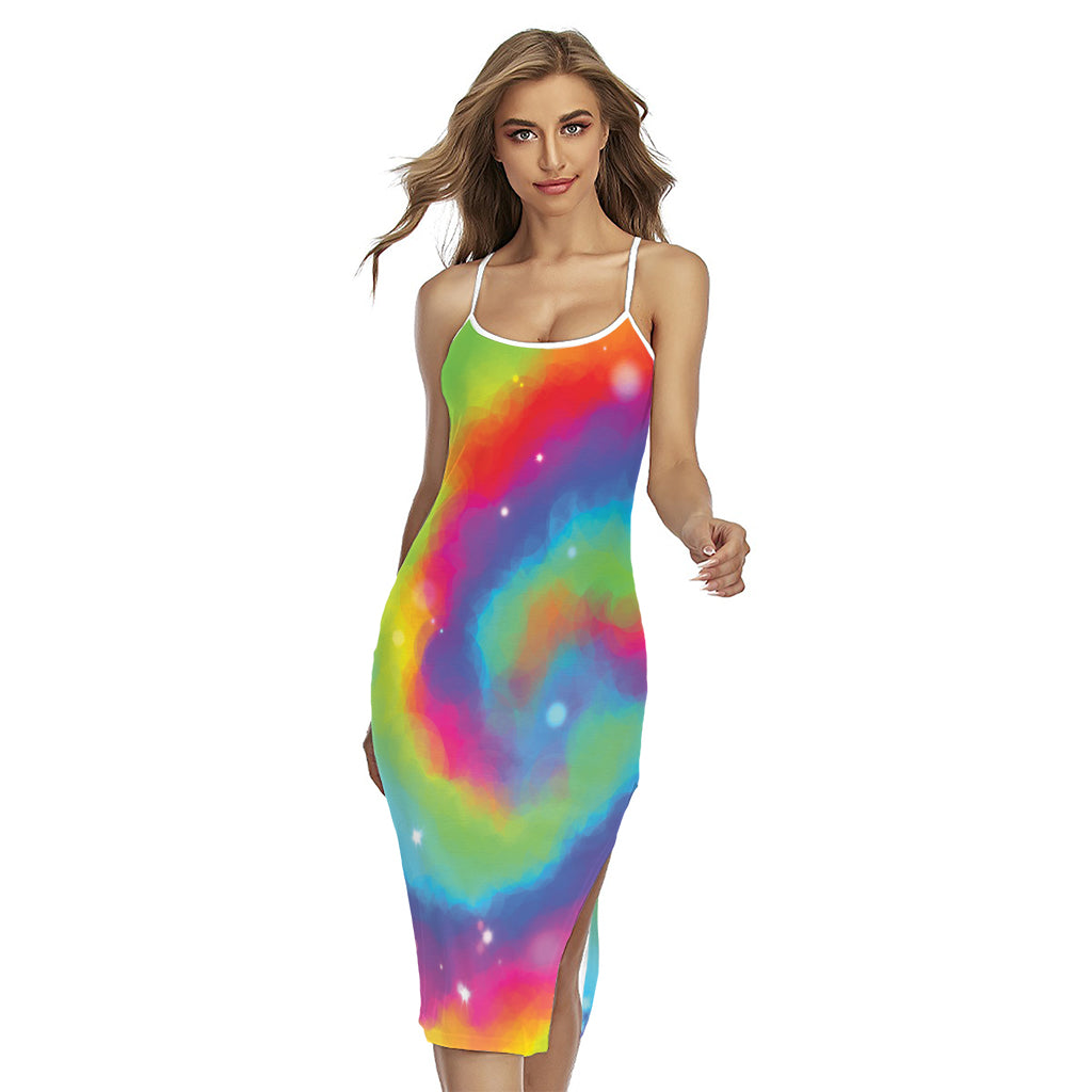 Rainbow Spiral Tie Dye Print Cross Back Cami Dress