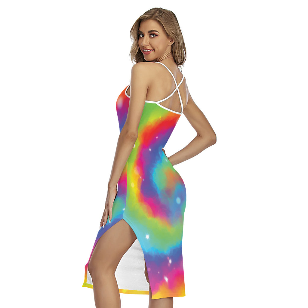 Rainbow Spiral Tie Dye Print Cross Back Cami Dress