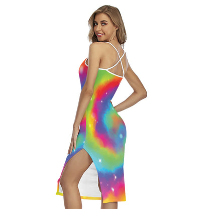 Rainbow Spiral Tie Dye Print Cross Back Cami Dress