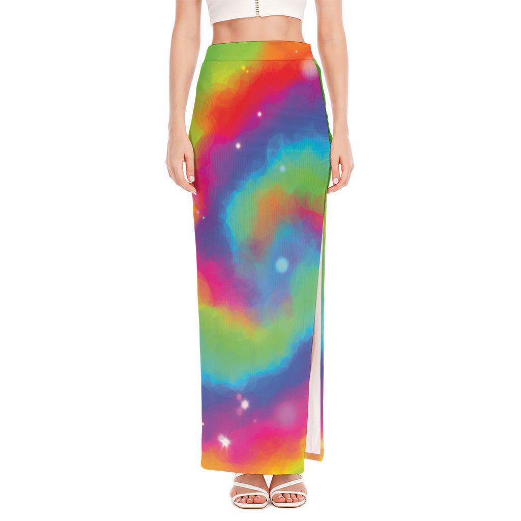 Rainbow Spiral Tie Dye Print High Slit Maxi Skirt