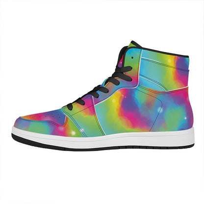 Rainbow Spiral Tie Dye Print High Top Leather Sneakers