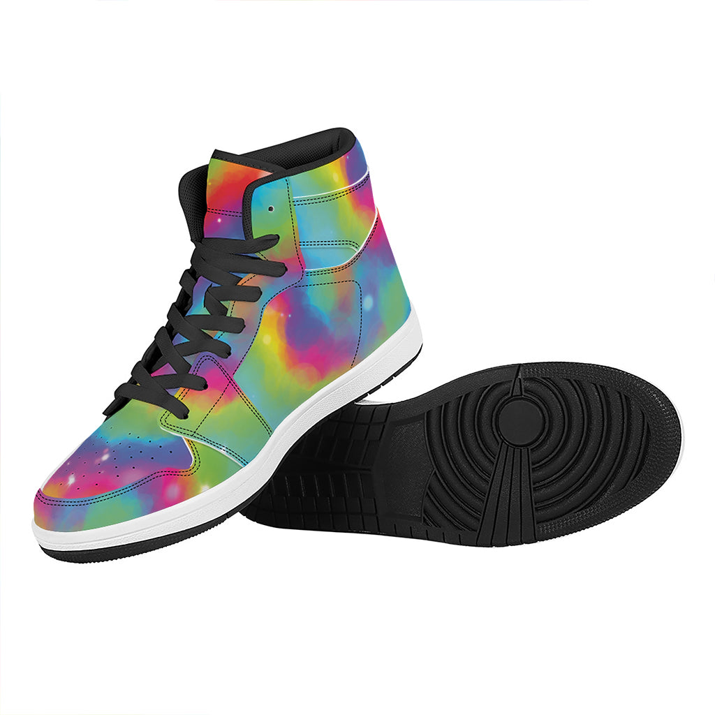 Rainbow Spiral Tie Dye Print High Top Leather Sneakers