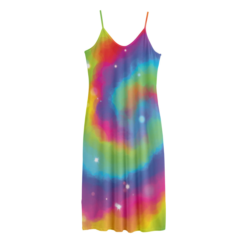 Rainbow Spiral Tie Dye Print Jersey Midi Cami Dress