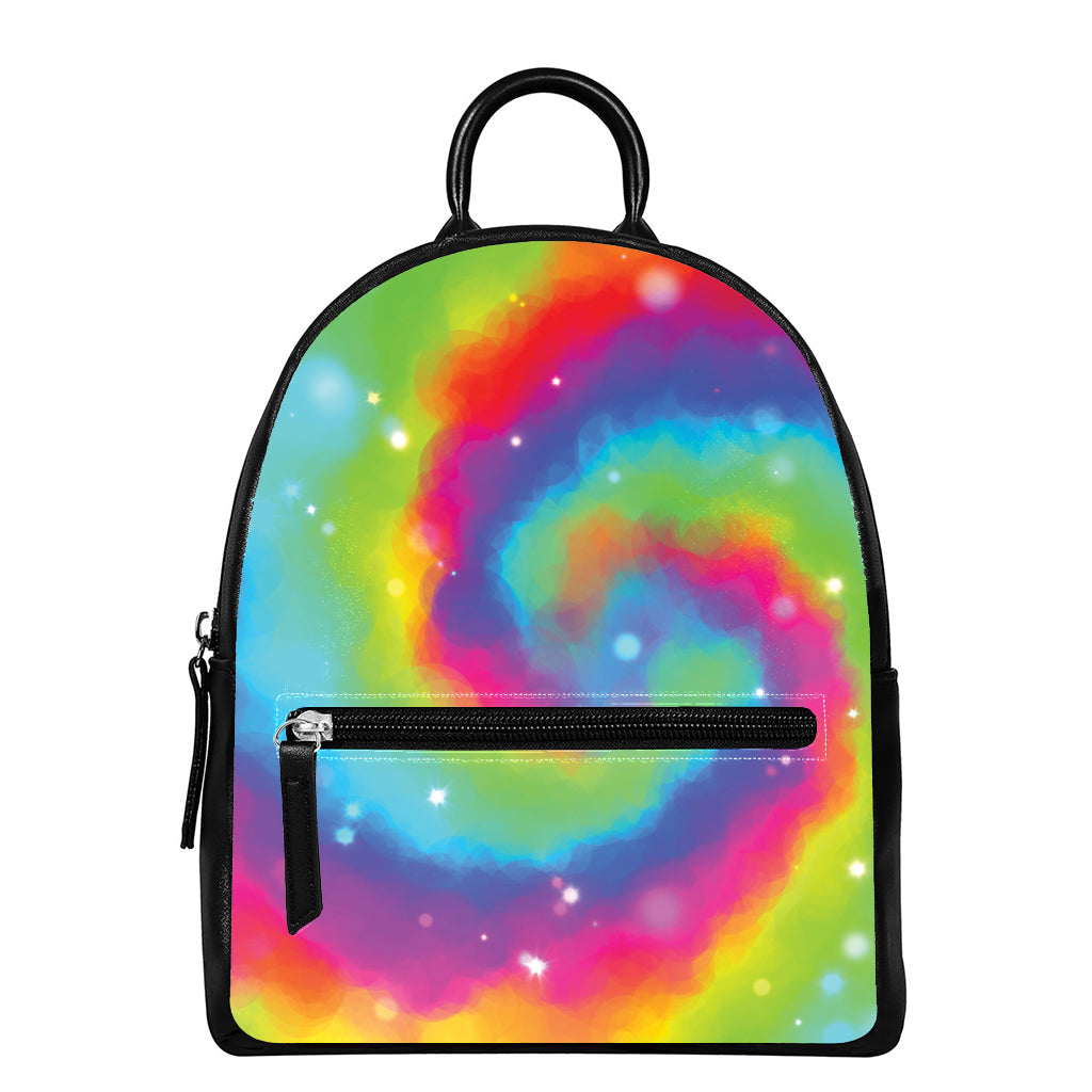Rainbow Spiral Tie Dye Print Leather Backpack