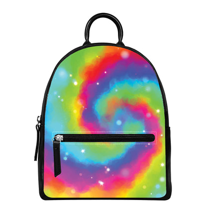 Rainbow Spiral Tie Dye Print Leather Backpack