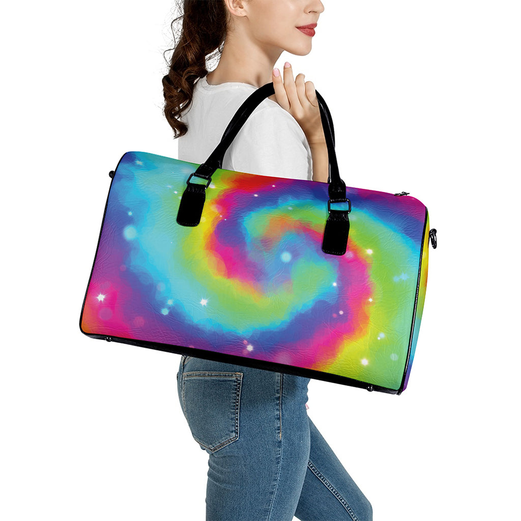 Rainbow Spiral Tie Dye Print Leather Duffle Bag