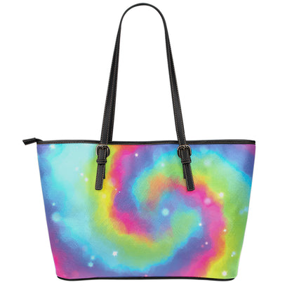 Rainbow Spiral Tie Dye Print Leather Tote Bag