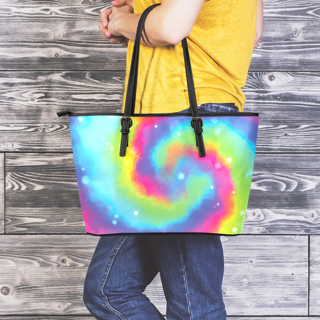 Rainbow Spiral Tie Dye Print Leather Tote Bag