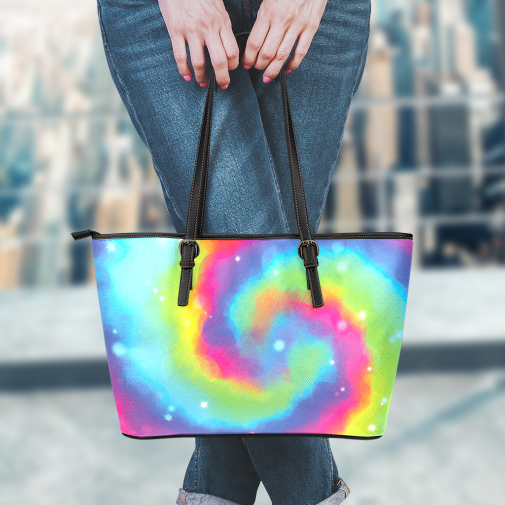 Rainbow Spiral Tie Dye Print Leather Tote Bag