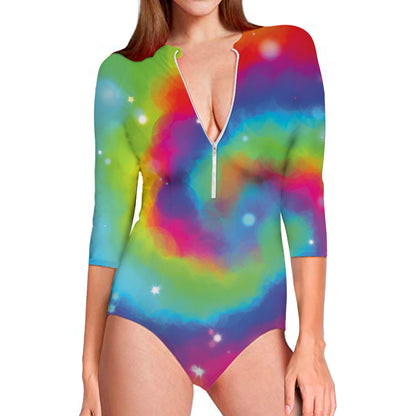 Rainbow Spiral Tie Dye Print Long Sleeve Swimsuit