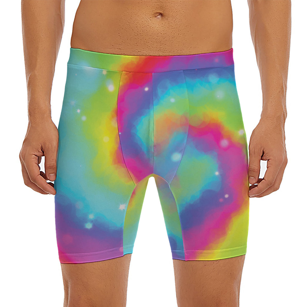 Rainbow Spiral Tie Dye Print Men's Long Boxer Briefs