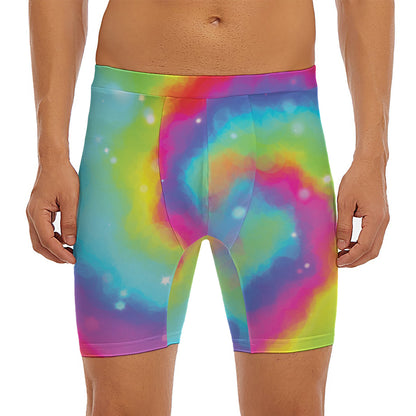 Rainbow Spiral Tie Dye Print Men's Long Boxer Briefs