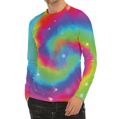 Rainbow Spiral Tie Dye Print Men's Long Sleeve Rash Guard