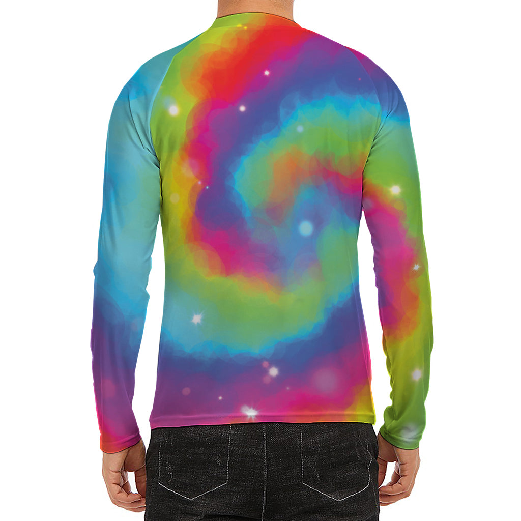 Rainbow Spiral Tie Dye Print Men's Long Sleeve Rash Guard