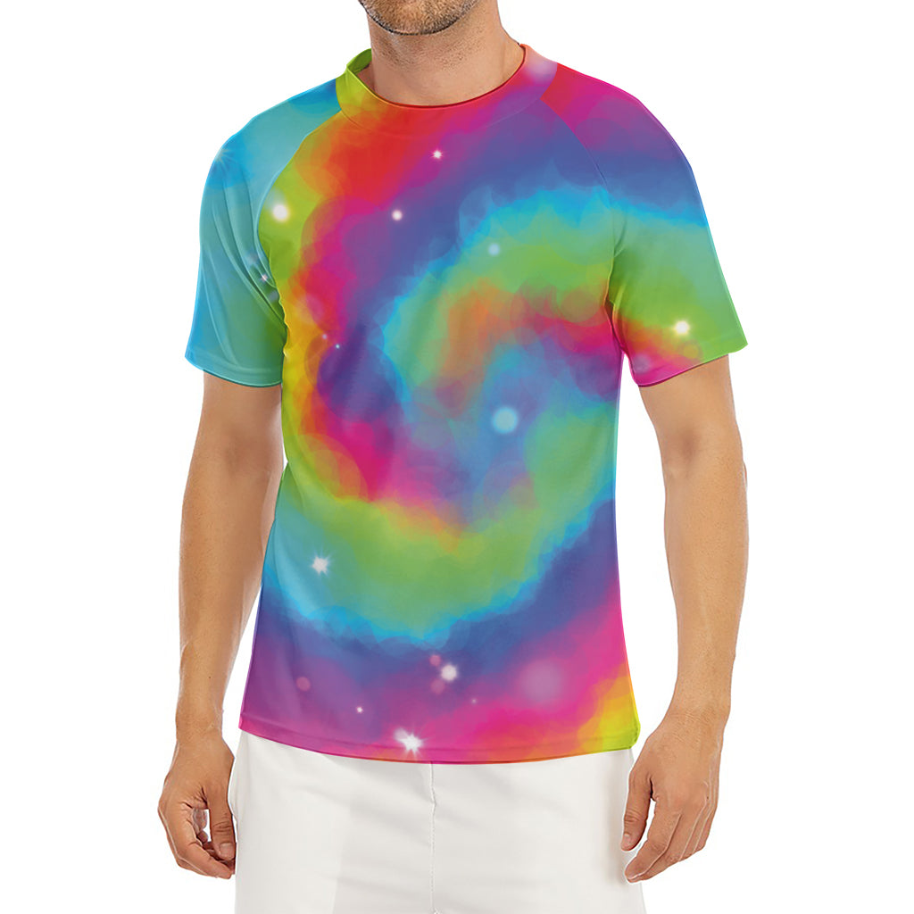 Rainbow Spiral Tie Dye Print Men's Short Sleeve Rash Guard