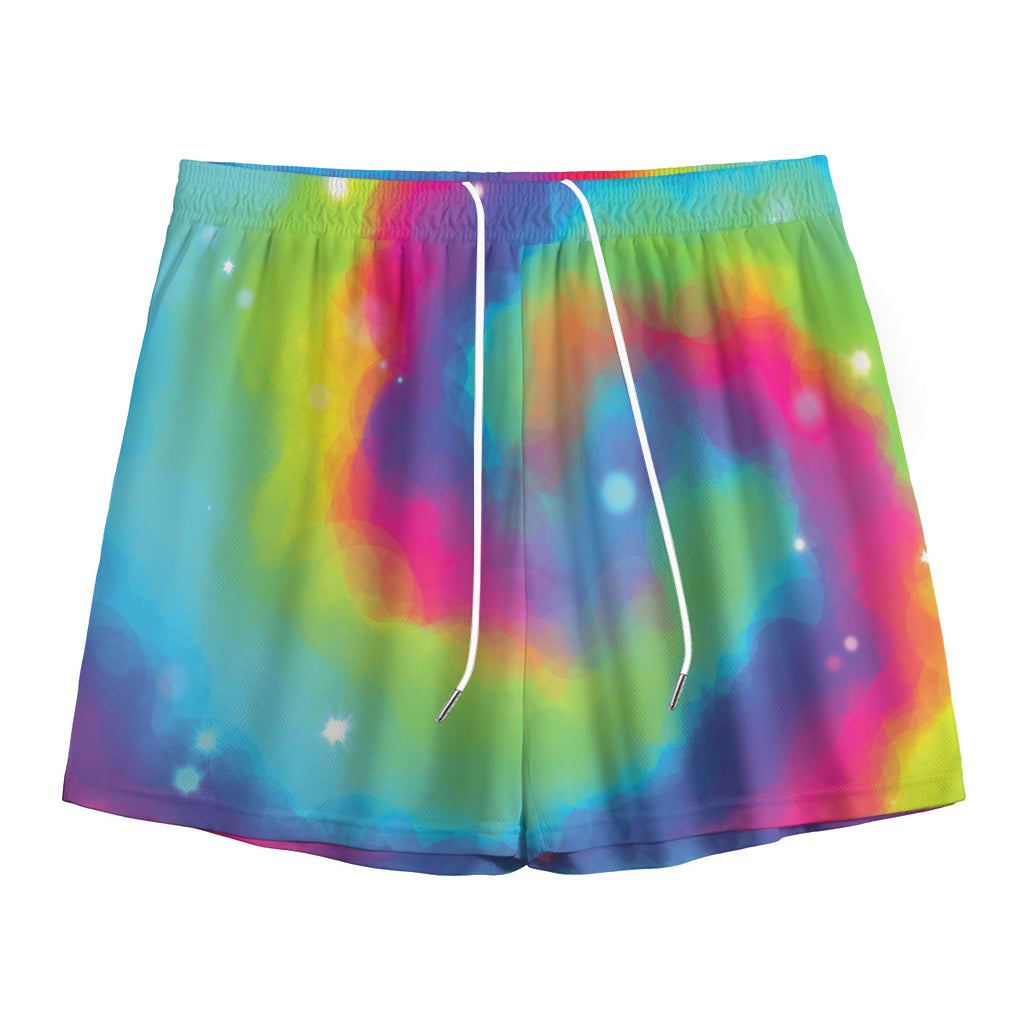Rainbow Spiral Tie Dye Print Mesh Shorts