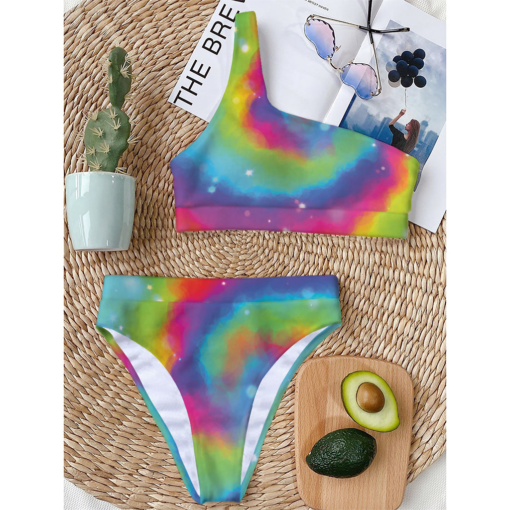 Rainbow Spiral Tie Dye Print One Shoulder Bikini Top