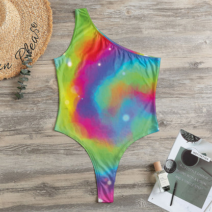 Rainbow Spiral Tie Dye Print One Shoulder Bodysuit