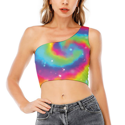 Rainbow Spiral Tie Dye Print One Shoulder Crop Top