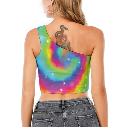 Rainbow Spiral Tie Dye Print One Shoulder Crop Top
