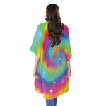 Rainbow Spiral Tie Dye Print Open Front Beach Cover Up